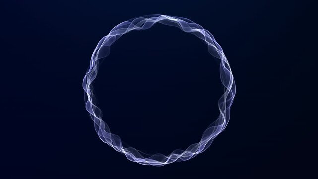 White blue energy ring built from smooth flowing wave lines on dark background, 4K 60fps loop with clean portal frame, tech, science and interface style.