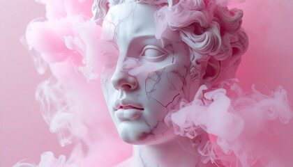 Naklejka premium Cracked Marble Statue Head with Pink Smoke and Ethereal Vapor