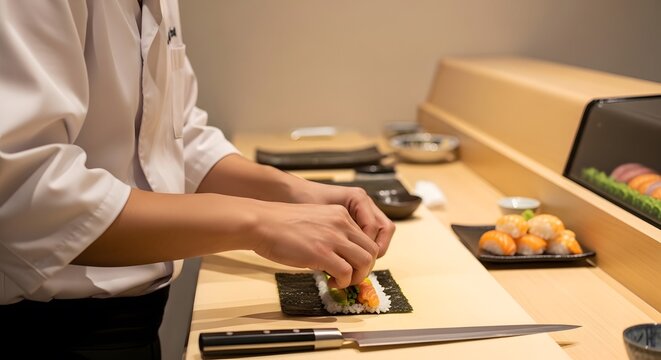 Person preparing sushi rolls at wooden table with fresh ingredients and kitchen tools