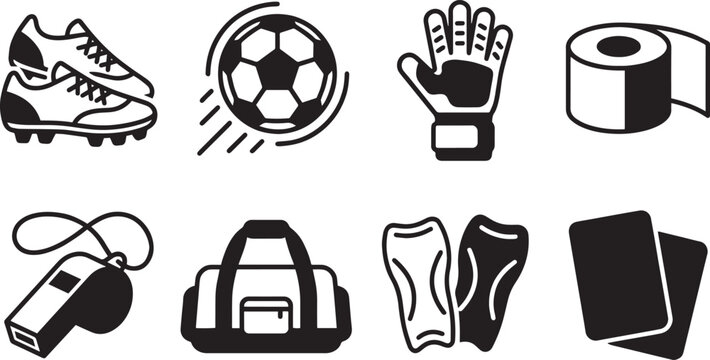 Soccer football kit and match gear icons set, athletic cleats ball goalie glove referee whistle duffel bag and shin guards vector glyphs