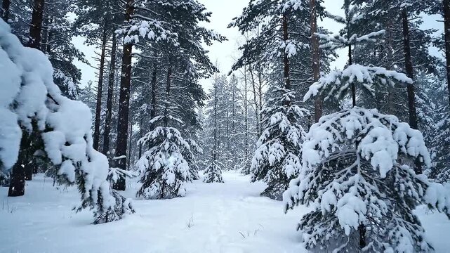 Serene winter forest scene with snow-covered pine trees and birch trees on a bright overcast day with footprints on the path Keywords: winter, forest, snow, trees, pine, birch, nature, landscape