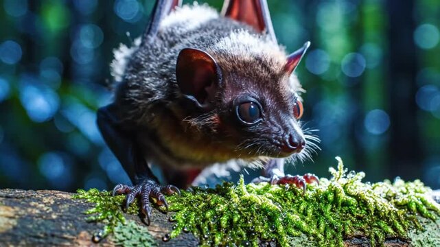 Small bat perched on moss covered log in a forest setting close up view