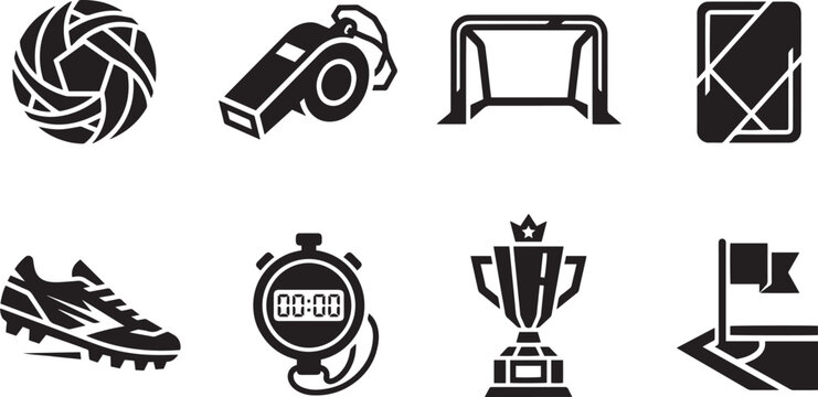 Soccer football match gear and equipment icons set, referee whistle goal net stopwatch and trophy vector glyphs
