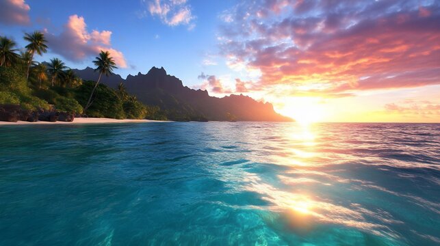 Radiant Sunset Over Jagged Volcanic Peaks and Crystal Turquoise Water in Polynesia.