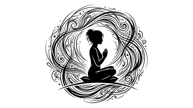 Black Silhouette Meditating Figure with Flowing Energy Circles &ndash; Inner Peace and Mindfulness Concept Vector Illustration