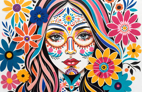 Vibrant Folk Art Woman Portrait with Flowers - Bold Colorful Floral Female Face Illustration