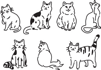 Fototapeta premium Cat set naive black sketch line vector