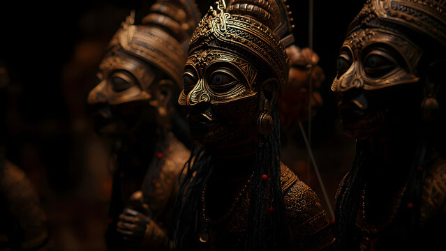 Ornate Golden Puppets with Traditional Indian Faces in Shadow