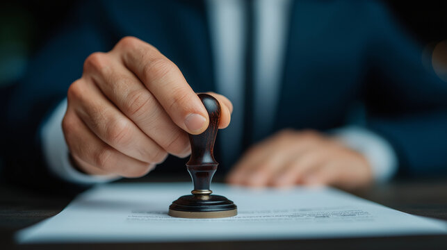 Official Stamp of Approval: A man in a suit carefully applies an official stamp to a document, symbolizing authorization and authenticity in a formal setting.