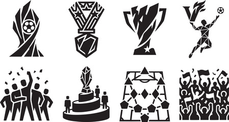 Fototapeta premium Soccer championship rewards and team celebration icons set, football tournament trophy medal field tactics and stadium fans vector glyphs