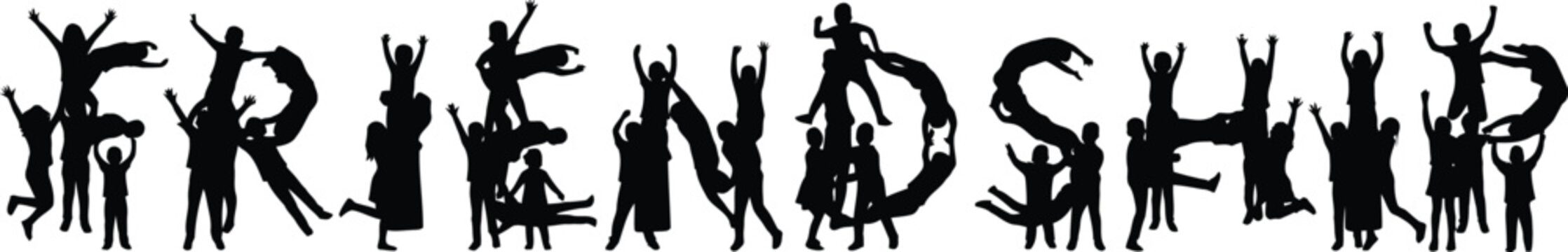 Silhouetted people forming the word friendship black and white graphic