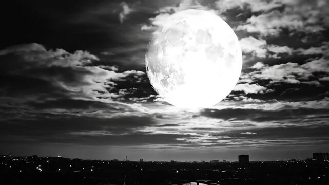 Dramatic black and white cityscape at night with large bright full moon and ominous cloudscape scene