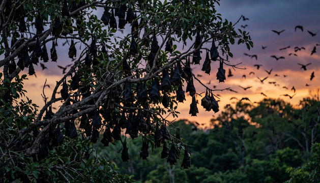 Black flying-foxes hanging in tree