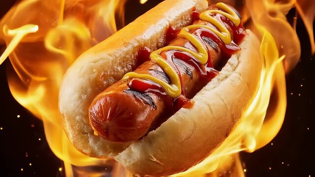 Hot dog sits in bread topped with mustard and ketchup. Flames surround it creating a bold cooking environment. Concept of barbecue, outdoor dining, food events