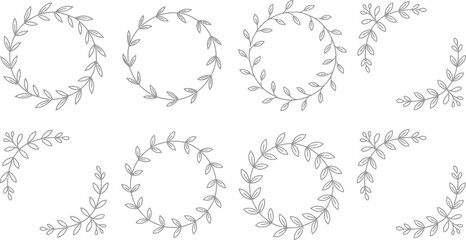 Fototapeta premium Set of eight elegant hand drawn floral wreath and corner frame designs for wedding stationery
