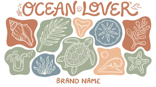 Ocean Lover Brand Name with Coastal Elements like Sea Turtle, Shell, and Starfish - Vector Illustration
