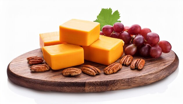 delicious cheddar cheese blocks with grapes and pecans isolated png gourmet food still life on wooden board for culinary concepts