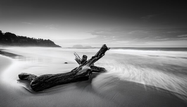 driftwood on serene shore n minimalist black and white coastal photography