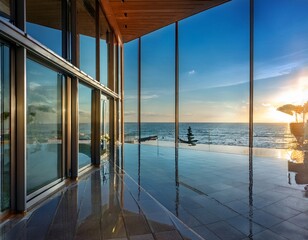 Fototapeta premium glass reflection of sea view through resort lobby windows under summer light