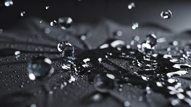 Extreme close-up of water droplets splashing onto a dark textured fabric surface, creating ripples and splashes with a shallow depth of field and a dramatic, almost abstract visual effect