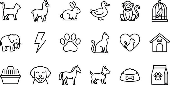 Pet Care and Domestic Animal Line Icon Set with Veterinary Care Food Clinic and Wildlife Symbols for Veterinary Branding Designs