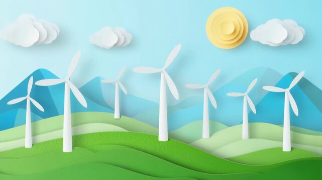 Peaceful paper cut style landscape with wind turbines spinning gently on green hills under blue sky