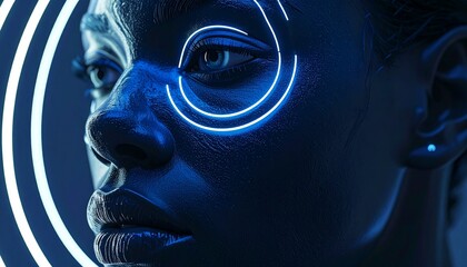 Obraz premium Futuristic portrait of a Black woman with glowing blue neon circular lights