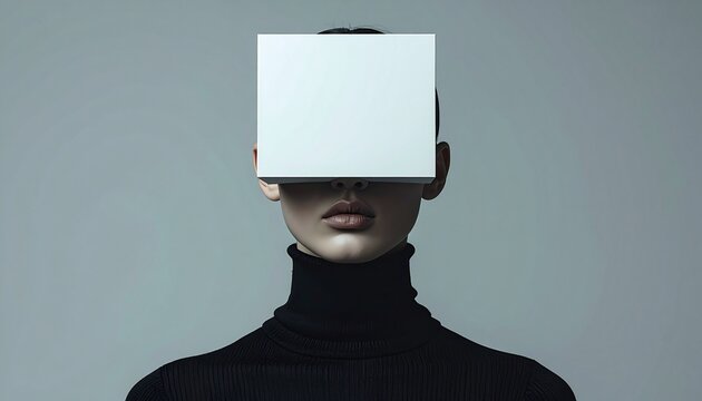 Conceptual Portrait of Woman with White Blank Box Covering Eyes