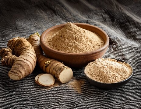 organic maca root powder and fresh roots on rustic fabric surface