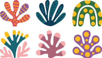 Fototapeta premium Six abstract stylized sea creature illustrations featuring colorful coral and ocean patterns