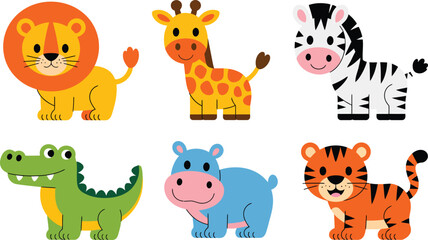 Obraz premium Six cute cartoon wild animal full body characters for kids design and educational projects