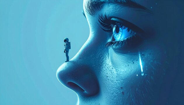 Surreal Concept of Tiny Astronaut Standing on a Giant Woman's Nose
