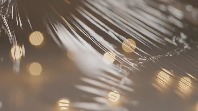 Close-up macro shot of crinkled transparent plastic wrap with soft golden bokeh lights reflecting on its surface creating a textured abstract background Keywords: plastic wrap, cellophane, texture