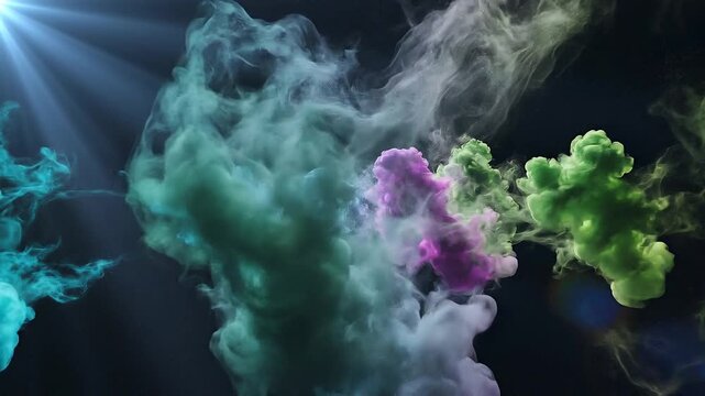 Vibrant swirling clouds of blue green purple and yellow ink or smoke mixing and dissolving in dark water or air creating an abstract colorful explosion Keywords: ink, smoke, paint, water, liquid
