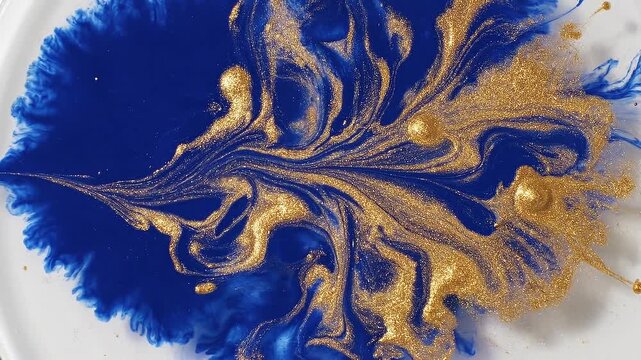 Vibrant swirling patterns of deep royal blue liquid paint mixing with shimmering metallic gold glitter paint on a white surface creating an organic abstract resembling a blooming flower or a
