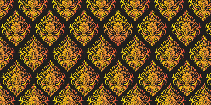 Luxury damask pattern featuring intricate scrollwork on black background vibrant gradient colors elegant vintage style.