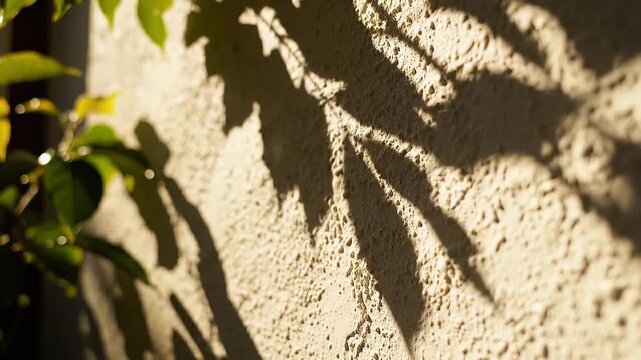 Sunlight casting dappled shadows of green leaves and branches onto a textured rough beige wall creating a natural organic pattern of light and shadow with a shallow depth of field and warm golden