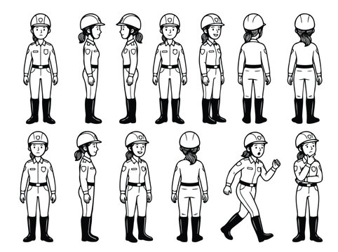 Character sheet of a female worker in uniform and helmet showing different poses and angles in black and white line art.