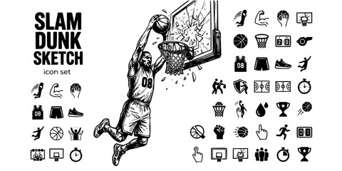 Basketball Slam Dunk Sketch Black White-Arm Extension Grip Backboard-Sport Vector-Dunk Icon Sketch-Basketball Design Set © T-Shop