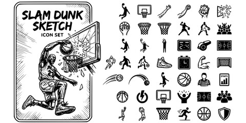 Basketball Slam Dunk Sketch Black White-Arm Extension Grip Backboard-Sport Vector-Dunk Icon Sketch-Basketball Design Set © T-Shop