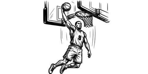 Basketball Slam Dunk Sketch Black White-Arm Extension Grip Backboard-Sport Vector-Dunk Icon Sketch-Basketball Design Set © T-Shop