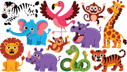 Fototapeta premium Vibrant collection of cute cartoon wild animals including lion elephant monkey and giraffe set