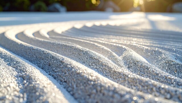 Morning sunlight on raked white gravel in Japanese zen garden, karesansui wave patterns

朝日に輝く日本庭園の白砂紋、枯山水の美しい砂紋の波