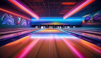 Fototapeta premium exciting bowling action indoor bowling alley sports event neon lights fun atmosphere competitive spirit