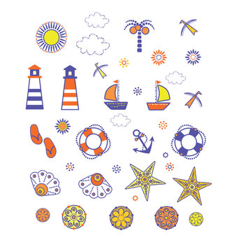 Decorative abstract marine elements silhouettes set for logo, fabric, textile, wrapping paper, wallpaper, web design