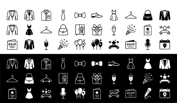 Event Dress Code Icon Set with Formal Clothing and Celebration Symbols Isolated on White and Black Background Vector EPS 10