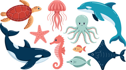 Fototapeta premium Cute collection of sea animals illustration featuring a turtle dolphin octopus and jellyfish