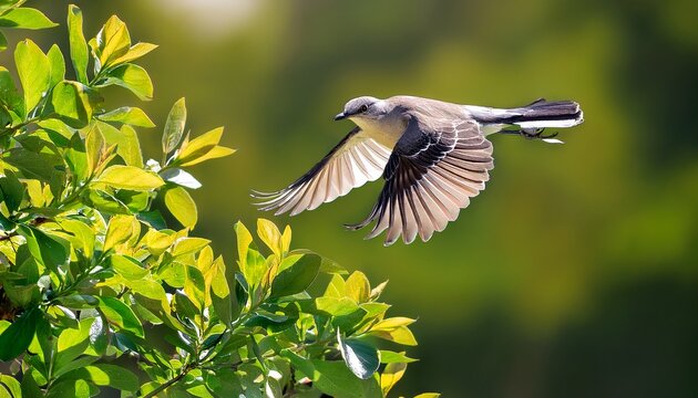 northern mockingbird flying near green leaves in spring