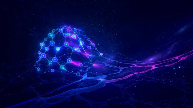 Glowing neural network pulsing with electric blue and purple synapses animation for technology and science visuals