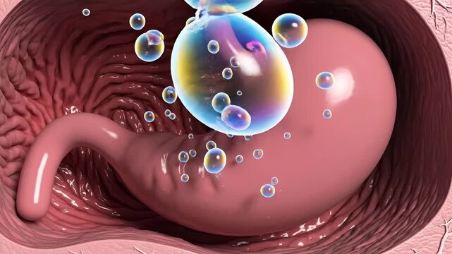 3D Animation of Gastric Acid and Bubbles in the Human Stomach.